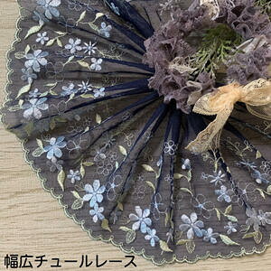 幅広チュールレース 幅約16cm 1m単位 幅広い 紺 水色 光沢 チュールレース 生地 レース 花柄 花模様 素材 装飾 材料 衣装 ドレス ドール服 子ども服 レースマスク 手作りマスク マスクカバー イ