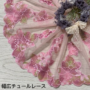 幅広チュールレース 幅約20cm 1m単位 ピンク 幅広レース 光沢 チュールレース 生地 レース 花柄 花模様 素材 装飾 材料 衣装 ドレス ドール服 レースマスク 手作りマスク マスクカバー インテ