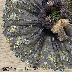 幅広チュールレース 幅約18cm 1m単位 紺 水色 黄色 幅広レース 光沢 チュールレース 生地 レース 花柄 花模様 素材 装飾 材料 衣装 ドレス ドール服 レースマスク 手作りマスク マスクカバー イ