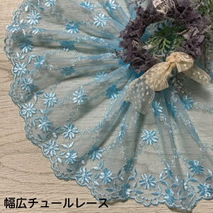幅広チュールレース 幅約18cm 1m単位 水色 幅広レース 光沢 チュールレース 生地 レース 花柄 花模様 素材 装飾 材料 衣装 ドレス ドール服 レースマスク 手作りマスク マスクカバー インテリ