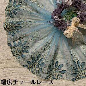 幅広チュールレース 幅約18cm 1m単位 水色系 ゴールド 幅広レース 光沢 チュールレース 生地 レース 花柄 花模様 素材 装飾 材料 衣装 ドレス ドール服 レースマスク 手作りマスク マスクカバ
