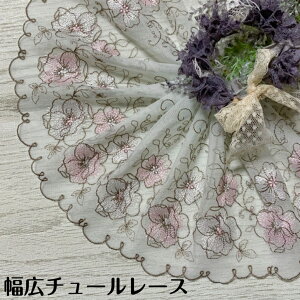 幅広チュールレース 幅約17cm 1m単位 淡いミント こげ茶 幅広レース 光沢 チュールレース 生地 レース 花柄 花模様 素材 装飾 材料 衣装 ドレス ドール服 レースマスク 手作りマスク マスクカ