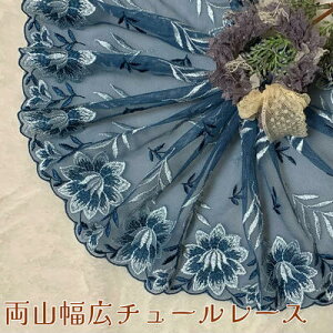 両山幅広チュールレース 幅約21cm 1m単位 青 幅広レース 光沢 チュールレース 生地 レース 花柄 花模様 素材 装飾 材料 衣装 ドレス ドール服 レースマスク 手作りマスク マスクカバー インテ