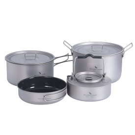 Voyae チタン 鍋 クッカー フライパン ケトル 4点セット キャンプクッカーポット キャンプ鍋 鍋 蓋付き フライパン 折りたたみハンド