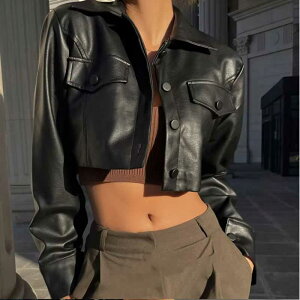 2〜3日後到着 ショート丈レザージャケット レディース ソフトレザージャケット フェイクレザー 飾りポケット付き セクシーなストレッチショート丈ジャケト 普段のおしゃれにも最適 S M L 黒