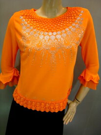 コーラスブラウス　発表会衣装　豪華な刺繍ジルコントップス・Mサイズ　　オレンジ