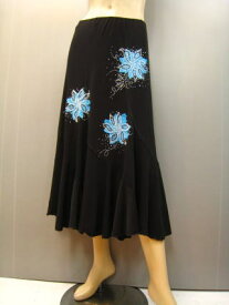社交ダンススカート パッチワーク花柄にダイヤストーンとジルコンスカート。裏地付き。　黒　ブルー