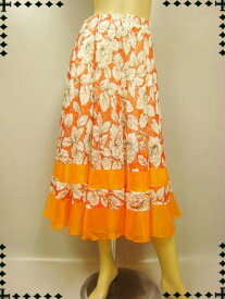 社交ダンス スカート 花柄プリントレースが上品な八枚はぎフレアースカート すそ二段オーガンー 裏地つき オレンジ
