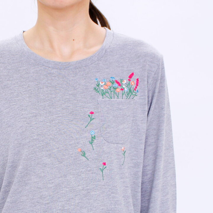 楽天市場 Tシャツ 長袖 ポケット花刺繍tシャツ レディース おうち時間 Tシャツ プチプラ M L Ll 3l パープル ワイン グレー クロ 秋 32w デイリーライフ通販店レディハート