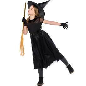 ハロウィン 衣装 子供 女の子　仮装 子供ドレス ワンピース コスプレ 魔法 巫女 小魔女 Halloween ブラック 4点セット