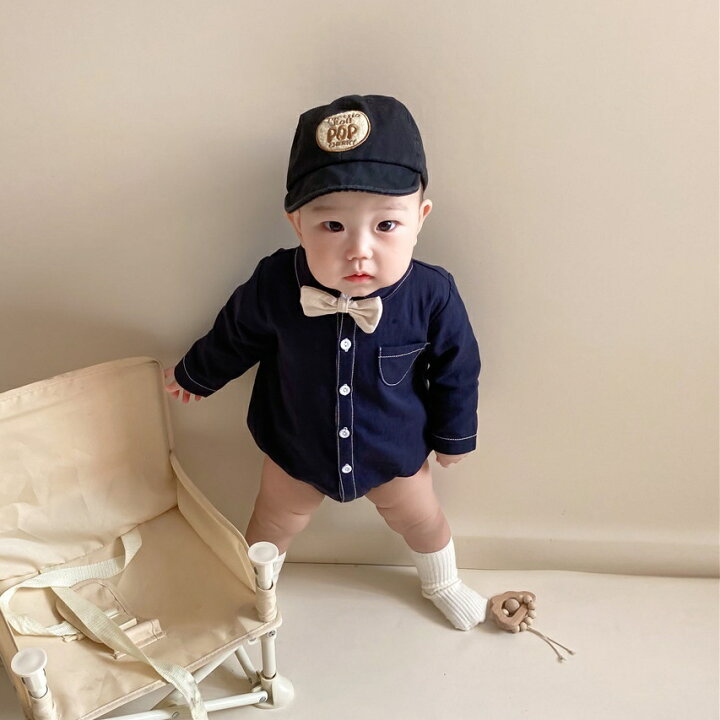 送料無料 ロンパース ベビー 赤ちゃん 新生児 幼児 子供用 男の子 女の子 つなぎ 長袖 蝶ネクタイ 胸ポケット 襟付き 前ボタン 股下スナップボタン シンプル お洒落 可愛い お出かけ 普段使い 男児 女児 子供服 LaForest キッズ ロンパース つなぎ xsサイズ