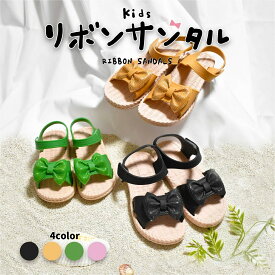 送料無料 キッズサンダル ストラップサンダル 子供用 女の子 オープントゥ マジック テープ リボン フラットサンダル 靴 ぺたんこ かわいい おしゃれ カジュアル