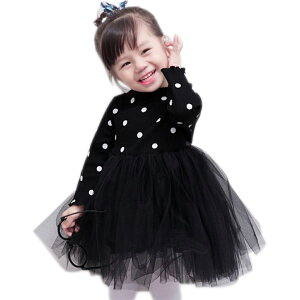 送料無料 ドッキングワンピース 長袖 膝丈 クルーネック チュールスカート ウエストリボン ミディアム丈 ミディ丈 子供用 キッズ ウエスト切り替え ドット柄 水玉模様 おしゃれ 可愛い かわ