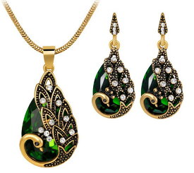 送料無料 ネックレス ピアス 2点セット クジャク 孔雀 アンティーク風 カラーストーン ゴールドカラー スタッドピアス ピーコック レディース アクセサリー おしゃれ レッド グリーン レッド ブルー ラインストーン キラキラ エレガント