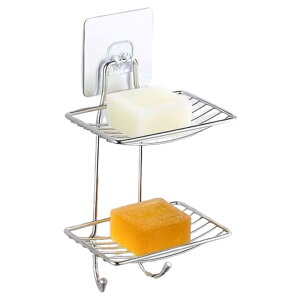 送料無料 ソープディッシュ 石けんケース 2段 壁掛け 吊り下げ メッシュ 水切り フック付き 石鹸ホルダー せっけん置き 石けん皿 浴室 バスルーム お風呂場 洗面所 粘着テープ 貼り付け 工具