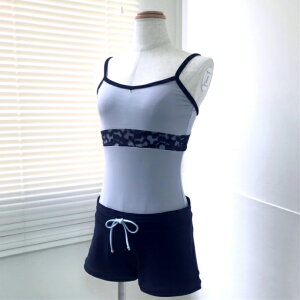 バレエ レオタード ベロアトリミング キャミソール 大人 ジュニア スカートなし M L 150 160 ライトグレー×黒 花柄 レース 袖なし バレエレオタード バレエウェア 大人バレエ レッスン着 練習