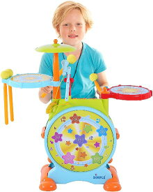 Dimple楽器のおもちゃ(ドラムセット)スティック＆マイク＆椅子付き♪ 歌うための可動式マイクを備えた子ども用のドラムセット ベースドラムとペダル（調節可能なボリューム）太鼓 たいこ バスドラ 知育 音楽 学習 誕生日 クリスマス