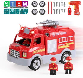 REMOKING整備士キット(消防車と4人の消防士)組み立て・分解 STEM Toy DIY ドリルと電動ドリル ライトとサウンド、子ども向け クリスマス 誕生日 おもちゃ科学、技術、工学、数学 教育 エンジニアセット