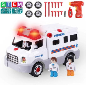 REMOKING整備士キット(救急車と4人の救命士) 組み立て・分解 STEM Toy DIY ドリルと電動ドリル ライトとサウンド、子ども向け クリスマス 誕生日 おもちゃ科学、技術、工学、数学 教育 エンジニアセット