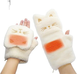 電熱グローブ 電熱手袋 USB充電式 ヒーター手袋 猫柄 6000mAh 3段温度調整 4.5時間連続使用 液晶画面 指なし カバー付き あったか ヒーターグローブ 防寒対策 ハンドウォーマー パソコン作業 デ