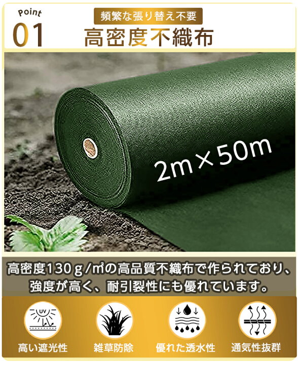 楽天市場】超高耐久 防草シート 2mx50m 高密度130g 固定ピン付き 長