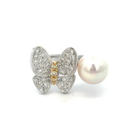 【無料ラッピング対応】リング 指輪 パール バタフライ ダイヤモンド イエローダイヤ K18WG K18 8.0g プラチナ系 指輪 レディース 9mmパール 13号 真珠 蝶モチーフ ジュエリー アクセサリー 美品 18金 18k【中古】