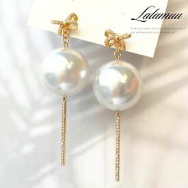 【無料ラッピング対応】大粒 パール ピアス 25mm リボン ゴールド イヤリング 2way 大ぶり ゴージャス ロングピアス 上品 華やか 大人 結婚式 ウェディング ブライダル ギフト プレゼント ペア 冬 入学式 卒業式 フォーマル パーティー 30代 40代 50代 ホワイトデー