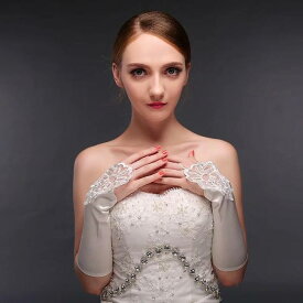 結婚式 ウェデインググローブ ブライダルグローブ 花レースロングヒモタイプグローブ　花嫁レース手袋