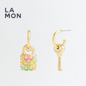 R[` sAX COACH CT601 Rainbow Quilted Padlock Key Mismatch Earrings sAX GOLD S[hn