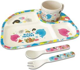 ecoな食器 マリン柄 お得な4点セットランチプレート マグカップ スプーン フォーク 皿 子供食器 軽量 天然素材 幼児用