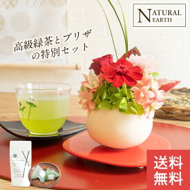 ギフト お皿つき陶器の和風プリザ＆緑茶セット プリザーブドフラワー フラワー 早割 送料無料 敬老の日 プレゼント 孫 花 プレゼント に人気 祖父 祖母 プレゼントに