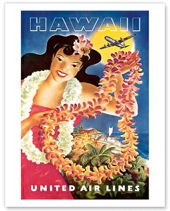 �n���C�A�� �|�X�^�[�@ �y�r���e�[�W�z�yUnited Air Lines, Hawaiian Girl with Leis �z�y��23×30cm�z�n���C�A���G�݁@�n���C�A�� �G�� �C���e���A