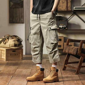 カーゴパンツ メンズ 男性用 ストレッチ 伸縮性 綿 コットン ゆったり ワイド ストレート 多機能ポケット 8分丈 クロップド丈 カジュアル シンプル 着回し 春夏