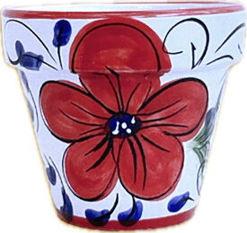 【植木鉢】 スペインのカラフルな植木鉢（赤花） 3.5号 陶器製 植木鉢 1鉢 【鉢底ネット・鉢底石・受皿：皿色ランダム】 スペイン製 13735