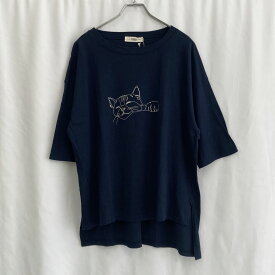 [ラスト1点！]【NARU】ムラ糸おやすみねこプリントT ネイビー [654055] ナル