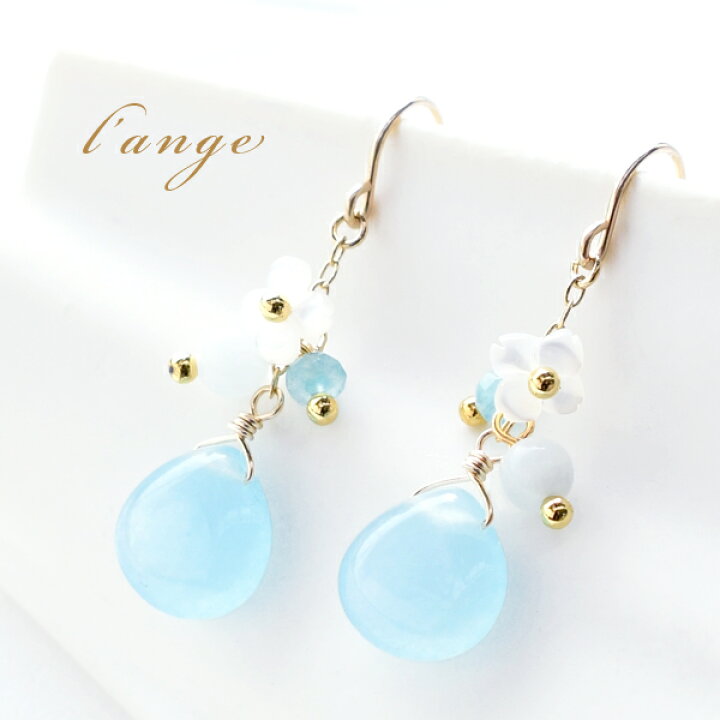 楽天市場 春 ピアス 天然石 ジェード アクアマリン フラワー K14gf ピアス レディース ゴールド 日本製 華奢 春 可愛い 揺れる ライトブルー 3月誕生石 ランジュ楽天市場店