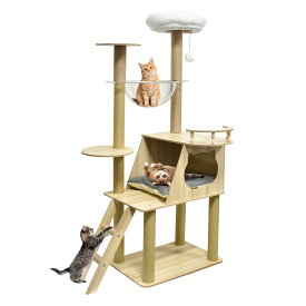 【クッションおまけ！タイプがランダム♪】木製 猫タワー キャットタワー 据え置き 高さ141cm 大型 猫 滑り止め 省スペース 猫 成猫 子猫 縁張り おしゃれ 猫タワー 多頭飼い 見晴台 スリム 宇宙船 爪研ぎポール 運動不足解消 コットン紐 天然麻 コーナー