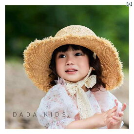 キッズ かわいい 麦わら帽子 フランス製 ラフィア製 女の子用 麦わら 帽子 夏の ビーチ用 サンハット レース 編み 上げの スタイリッシュな 親子