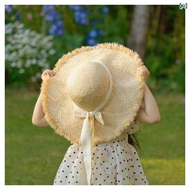 キッズ かわいい 麦わら帽子 子供用 麦わら 帽子 レディース 夏の ビーチ プレイ サンハット ラフィア 変形 しない 特大 つば
