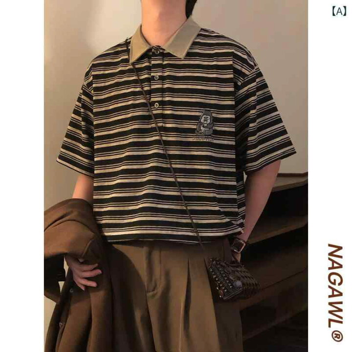 ラガーシャツ メンズ NAGAWL 夏 アメリカン レトロ カレッジ スタイル おもしろ 刺繍 カラーマッチング ストライプ 半袖 ポロシャツ Tシャツ トップス メンズ LAONsChoice