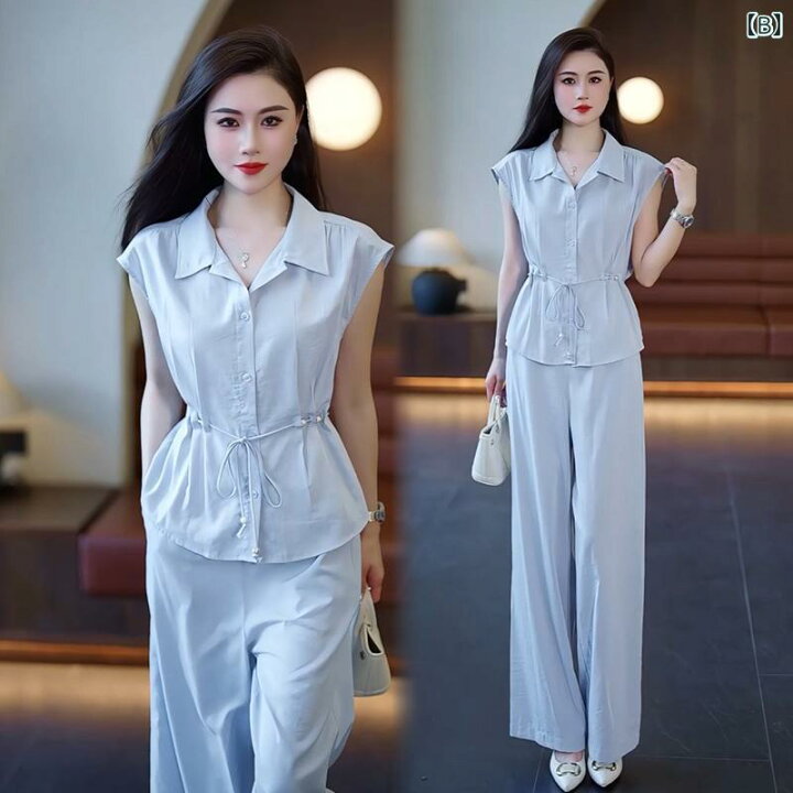 予約販売】セットアップ レディース ノースリーブ パンツ 上下 ブラウン ワイドパンツ ハイウエスト 前ボタン オフィス カジュアル 体型カバー  こなれ感 大人可愛い シンプル おしゃれ 韓国 通勤 旅行 春 夏 秋 トレンド S/M/L | favoriteselect 女性カジュアル 2 ピース衣装キャミトップセットノースリーブブラウスハイウエストワイドレッグショーツスーツ