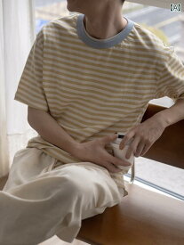 ストライプ Tシャツ 男性用 【 スモーク ブルー】 ジリの 夏 ストライプ ステッチ ラウンドネック 半袖 Tシャツ セーラー シャツ