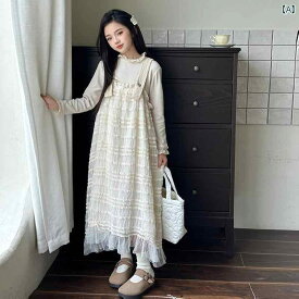 女の子 オーバー オール スカート 女の子 春秋 長袖 レイヤリング シャツ ドレス セット Mと Lの 子供用 秋 無地 サスペンダー スカート ツーピース