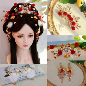 ヘアアクセサリー 漢服 伝統的な チャイナ風 新年の ポンポンの 富の 神の 頭飾り 赤い レトロ 挨拶の 衣装 かわいい ぬいぐるみの ヘア アクセサリー