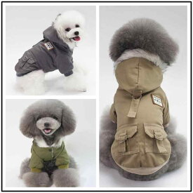 犬服 秋冬 欧米 綿 軍用グリーン 帽子付き コットンコート ドッグウェア ペットウェア ミリタリー スタイル 防寒 暖か 軽量 ゆったり 体型カバー 大きいサイズ 保温性 高級感 伸縮性 日常使い アウトドア 散歩 散歩用 公園 外出