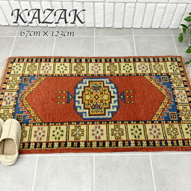 【送料無料】ハンドメイド絨毯 インド KAZAK 67cmx123cm レッド 赤 オリエンタル 幾何学 ラグ カーペット マット 絨毯 ウール100% 高品質 おしゃれ 玄関マット カザック