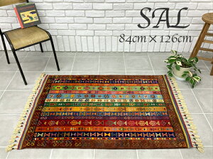 【送料無料】ハンドメイド 絨毯 インド SAL 84cmx126cm 赤 レッド マルチカラー ボーダー ストライプ エスニック ラグ カーペット マット ウール100% 高品質 おしゃれ 玄関マット シャル
