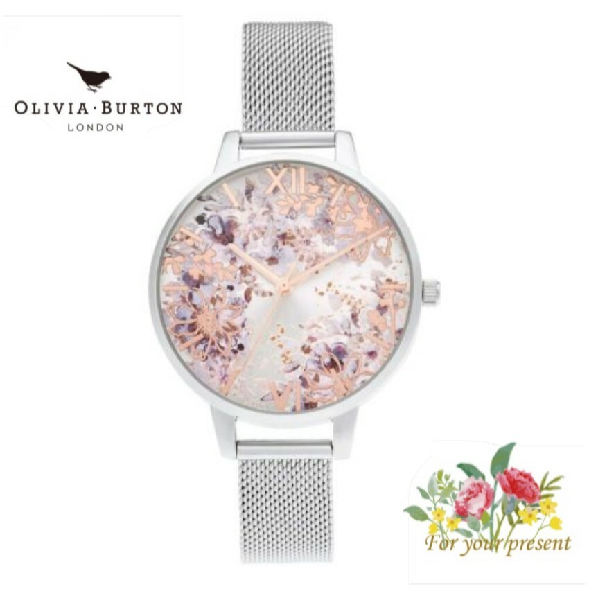 OLIVIA BURTON オリビアバートン OB16VM46　腕時計 アブストラクトフローラル デミダイヤル(34mm) ローズゴールド& シルバー メッシュ レディース 並行輸入品　プレゼント　記念日　クォーツ