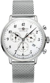 腕時計 メンズ シルバー ホワイト ツェッペリン HINDENBURG ヒンデンブルク クロノグラフ カレンダー ZEPPELIN 7086M-1 ブランド