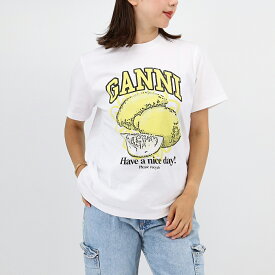 GANNI ガニー レディース Tシャツ T3768 WHITE RELAXED LEMON T-SHIRT クルーネック 半袖 レモン ロゴ SS TEE カットソー ブランド